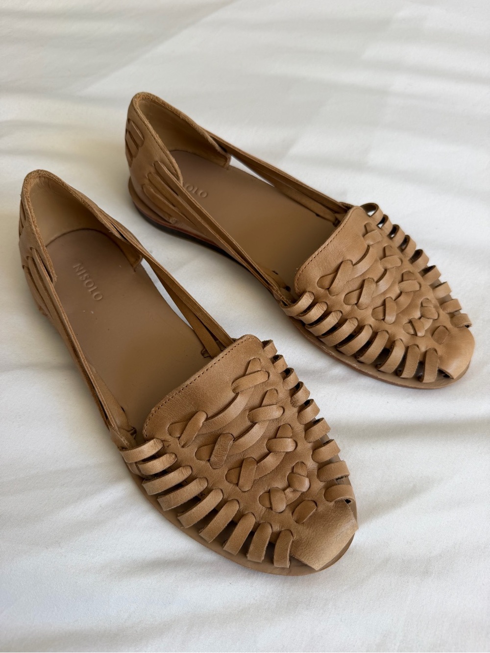 Nisolo Light Brown Tan Woven Leather Huarache Flats Closed Toe Sandal